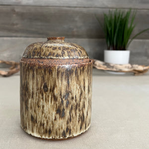 Handmade stoneware pottery. Speckled lidded canister.