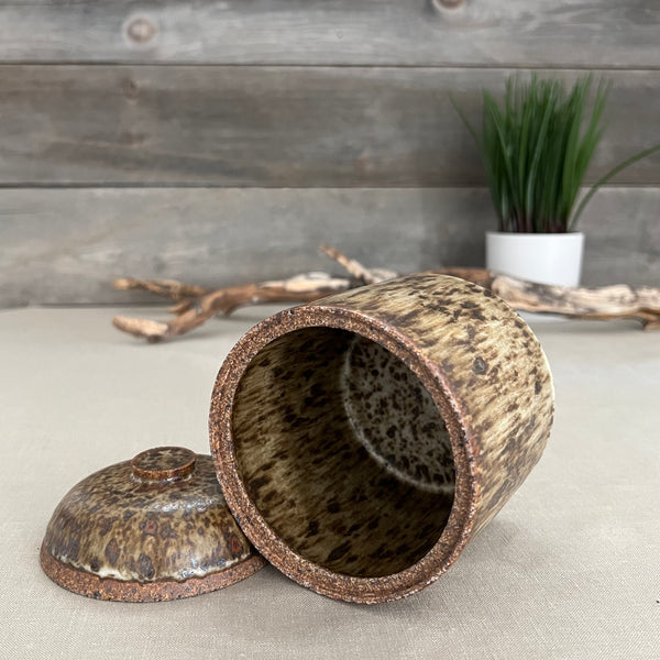 Handmade stoneware pottery. Speckled lidded canister.