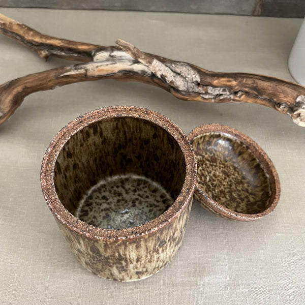 Handmade stoneware pottery. Speckled lidded canister.