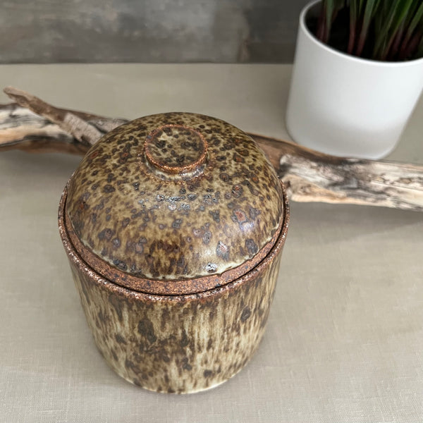 Handmade stoneware pottery. Speckled lidded canister.