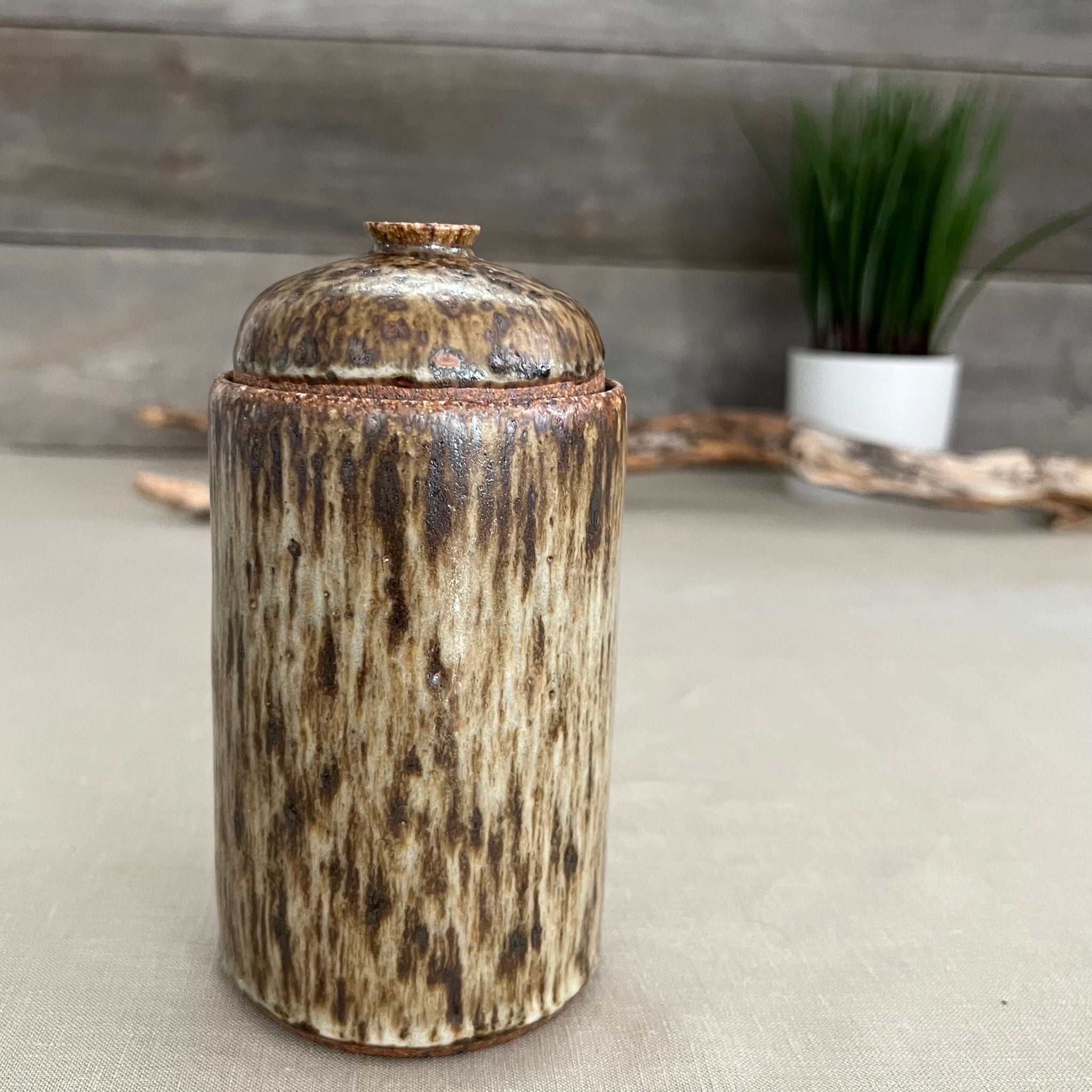 Handmade stoneware pottery. Speckled lidded canister.