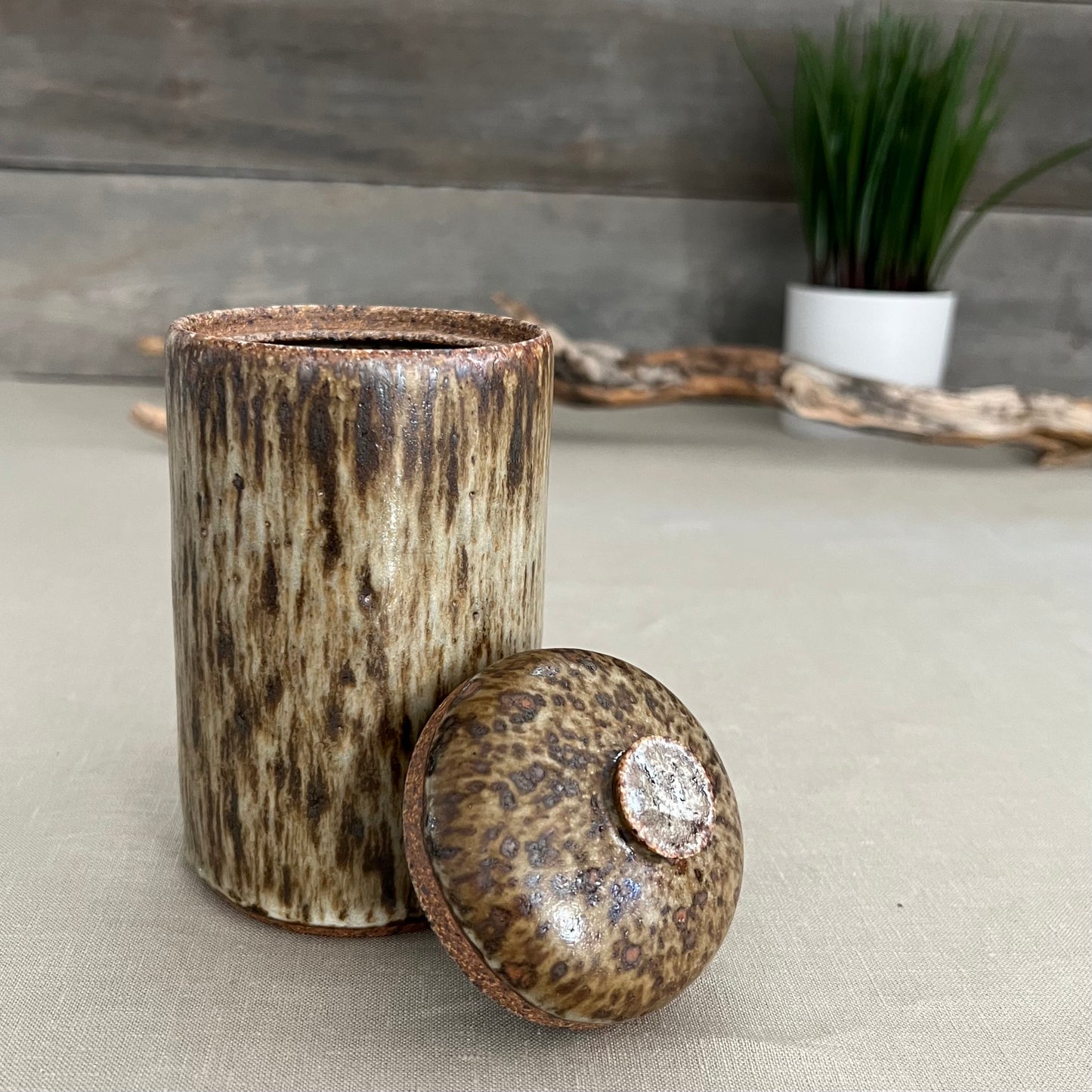 Handmade stoneware pottery. Speckled lidded canister.