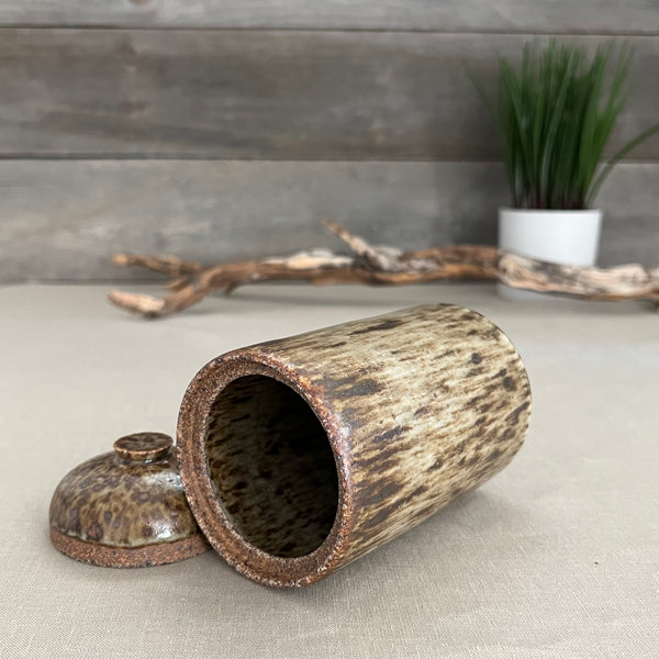 Handmade stoneware pottery. Speckled lidded canister.