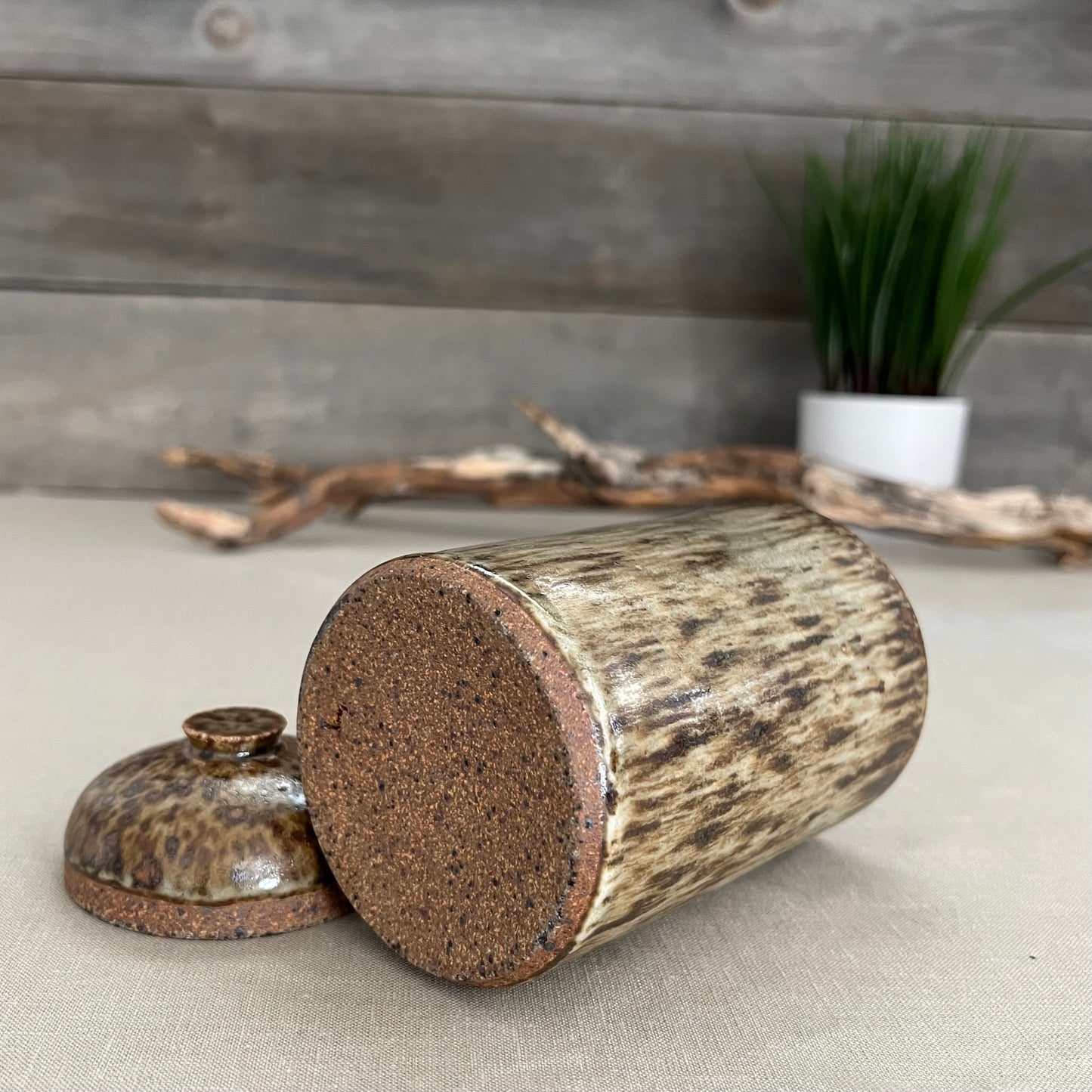 Handmade stoneware pottery. Speckled lidded canister.