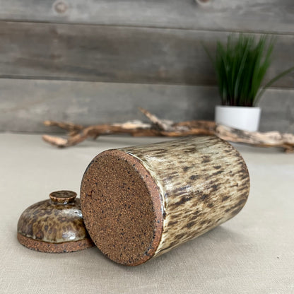Handmade stoneware pottery. Speckled lidded canister.