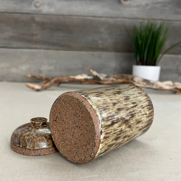 Handmade stoneware pottery. Speckled lidded canister.