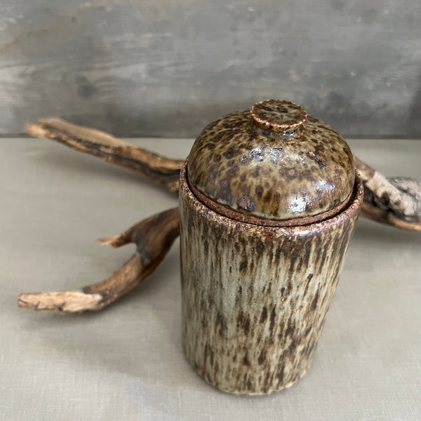 Handmade stoneware pottery. Speckled lidded canister.