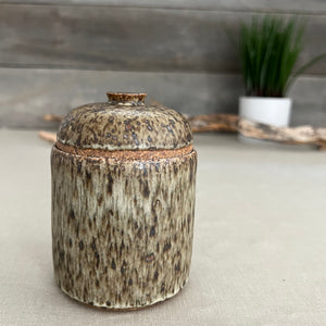 Handmade stoneware pottery. Speckled lidded canister.