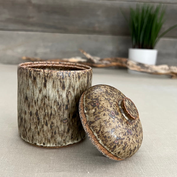 Handmade stoneware pottery. Speckled lidded canister.