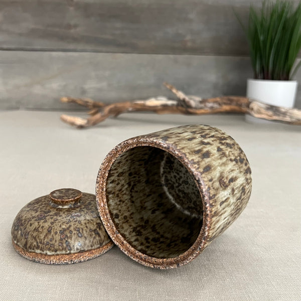 Handmade stoneware pottery. Speckled lidded canister.