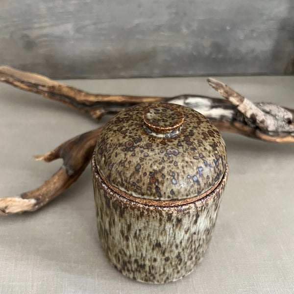 Handmade stoneware pottery. Speckled lidded canister.