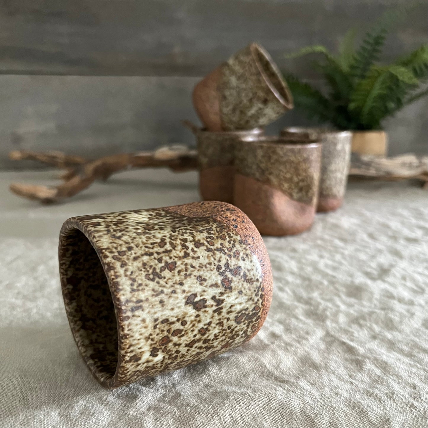 Handmade stoneware pottery. Dark speckled squish cup.