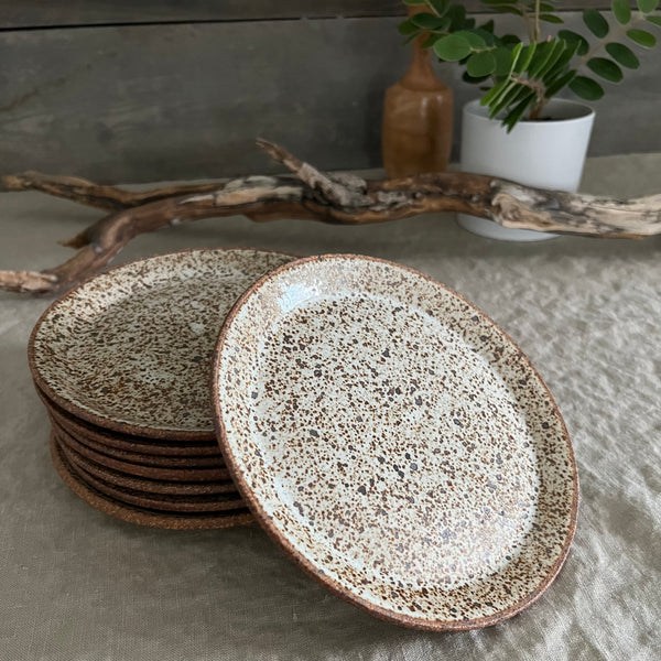 Handmade stoneware pottery. White speckled appetizer plates.