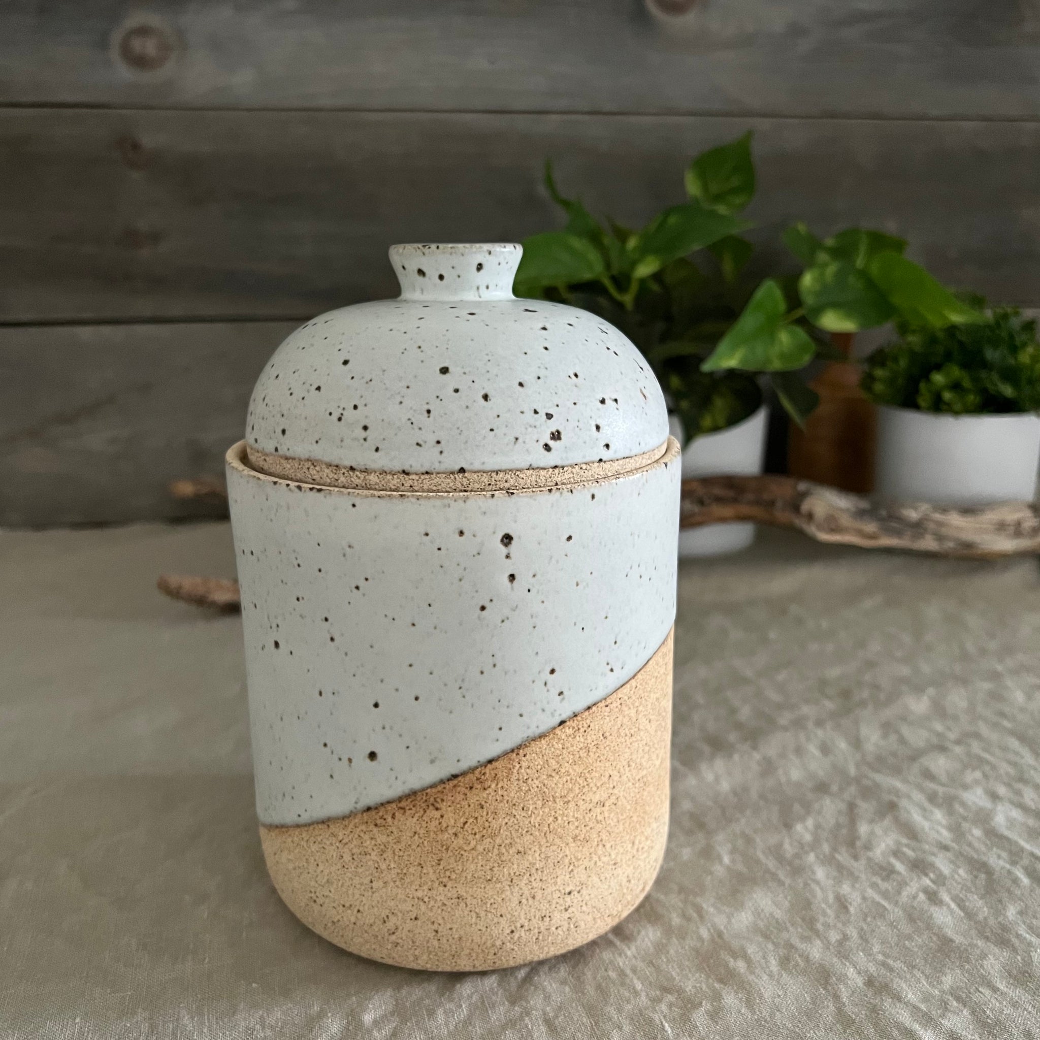 Handmade stoneware pottery. White speckled lidded canister.