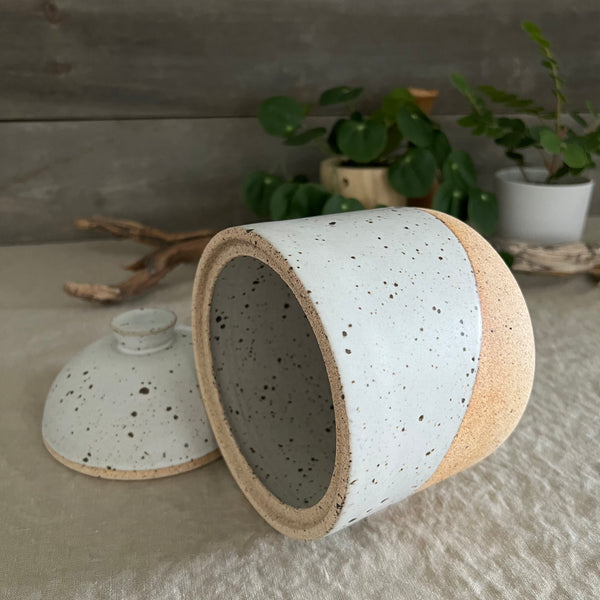 Handmade stoneware pottery. White speckled lidded canister.