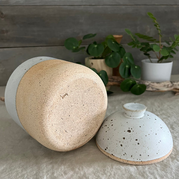 Handmade stoneware pottery. White speckled lidded canister.