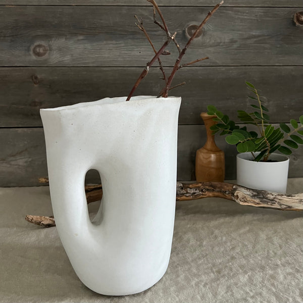 Handmade stoneware pottery. White modern hole vase/pitcher.