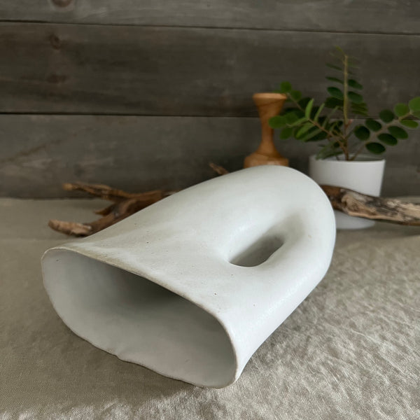 Handmade stoneware pottery. White modern hole vase/pitcher.