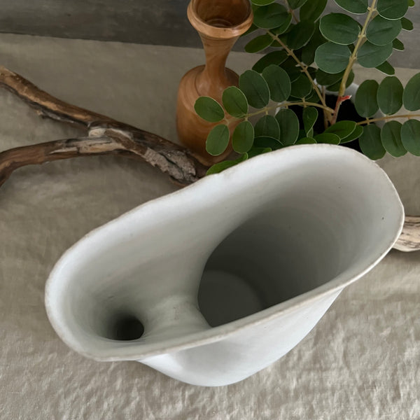 Handmade stoneware pottery. White modern hole vase/pitcher.