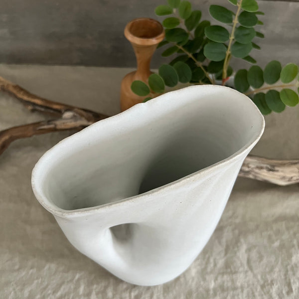 Handmade stoneware pottery. White modern hole vase/pitcher.